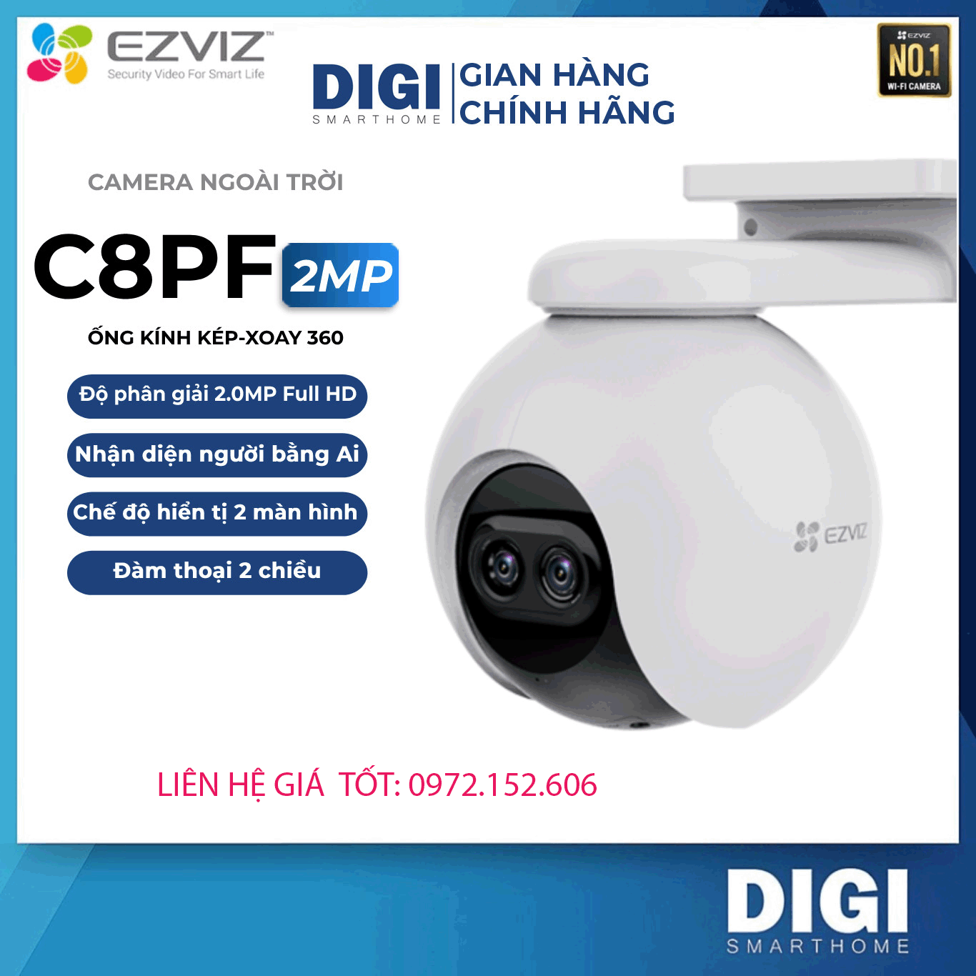 Camera(Ngoài Trời) WiFi Quay Quét, Ống Kính Kép EZVIZ C8PF 2MP CHÍNH HÃNG